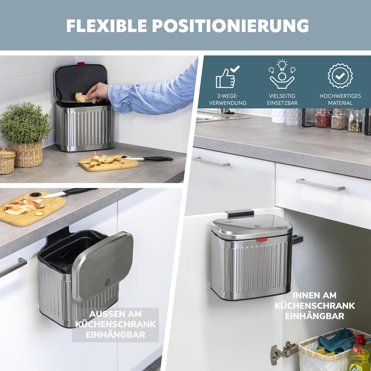 ABFALLEIMER 3 Liter, silber - Edelstahlfarben, Metall (22.5/20/16.5cm) - eluno