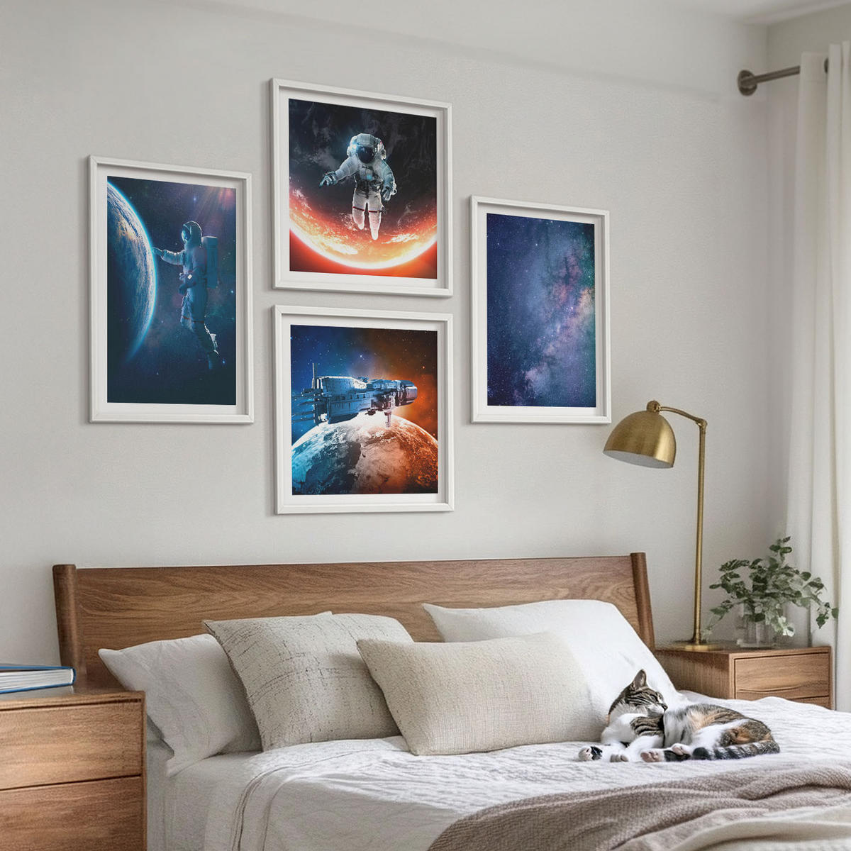 WANDBILDER 4er-Set - 50x50 cm & 40x60 cm Weißer Rahmen - Weltraum-Astronauten-Sterne - Weiß, Kunststoff (50/50cm) - ArtPrintCave