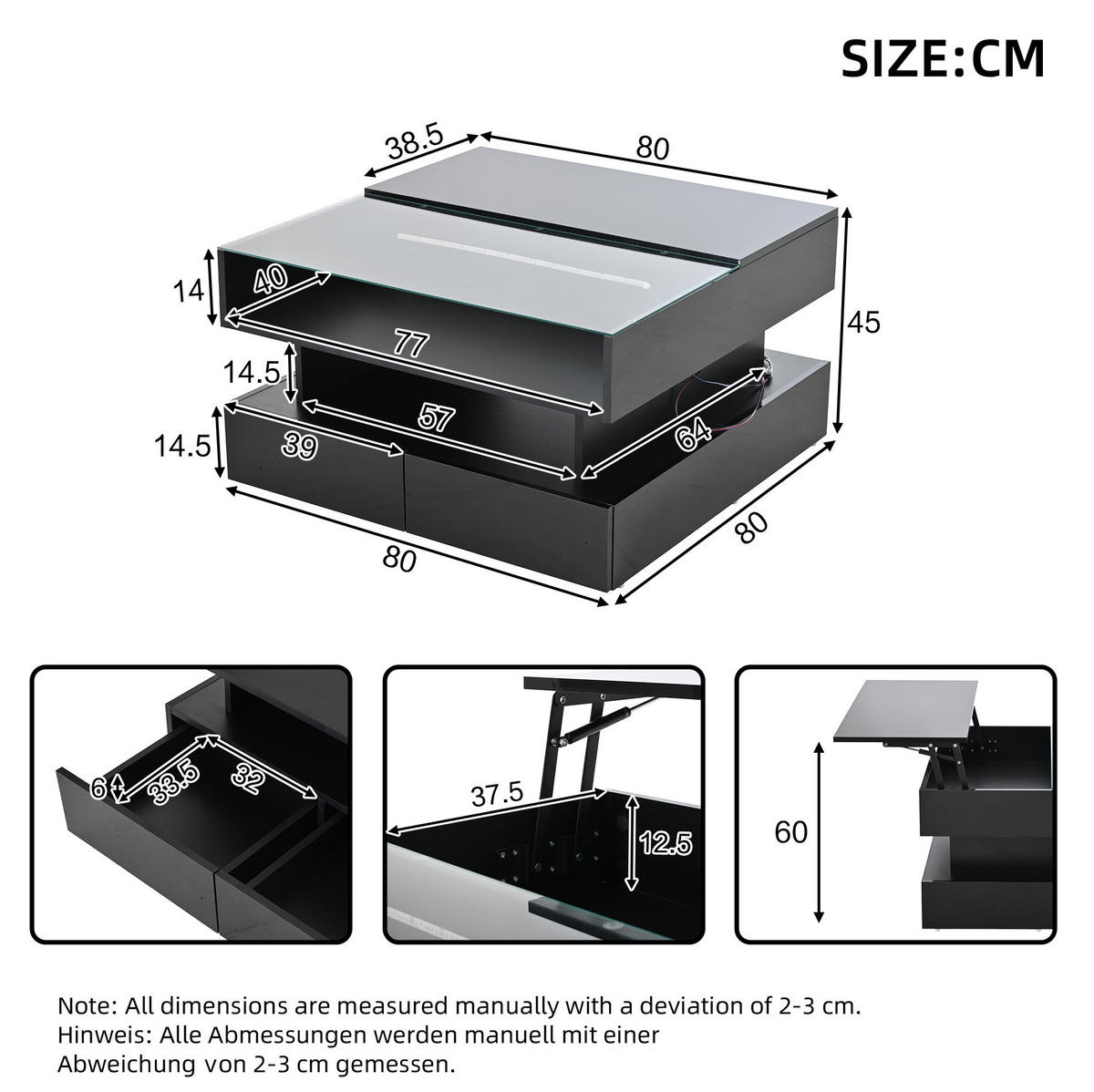 COUCHTISCH aus Spanplatte 80x80x45 cm in Schwarz mit LED & Hubfunktion - Schwarz, Holzwerkstoff (80/80/45cm) - Modfu