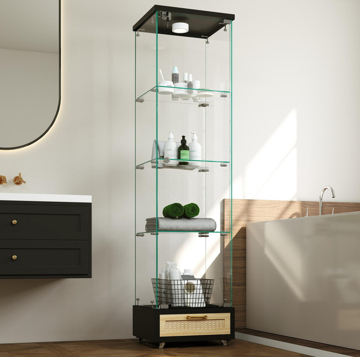 VITRINE 36,5/42,5/167 cm aus MDF und Glas mit LED-Beleuchtung, Rollen und abschließbarem Stauraum, Schwarz - Schwarz, Holzwerkstoff (42.5/167/36.5cm) - Redom