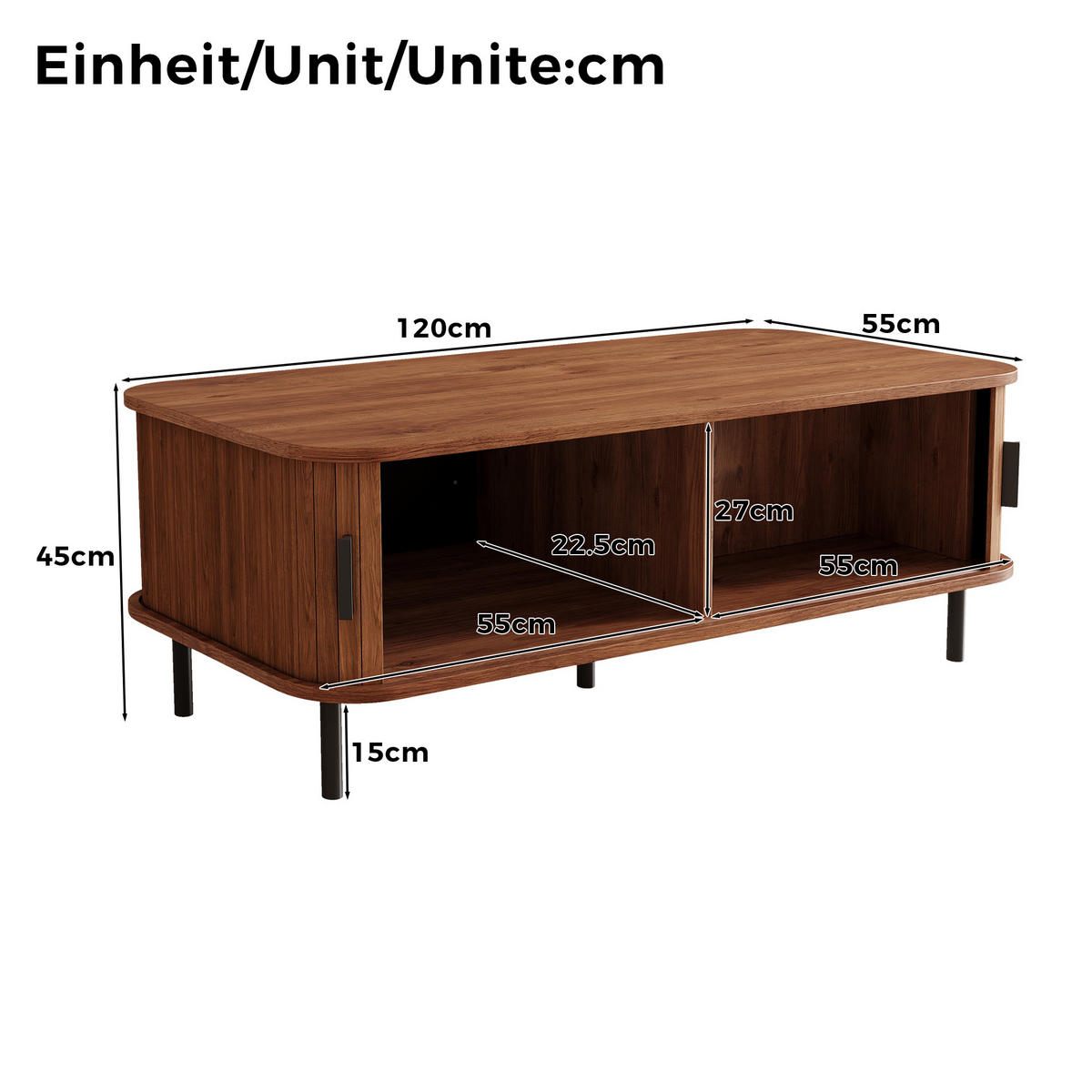 KONFERENČNÍ STOLEK Se posuvnými dvířky, ořechový, 100 × 50 × 45 cm - barva vlašského ořechu, kompozitní dřevo (55/120/45cm) - Urban Meuble