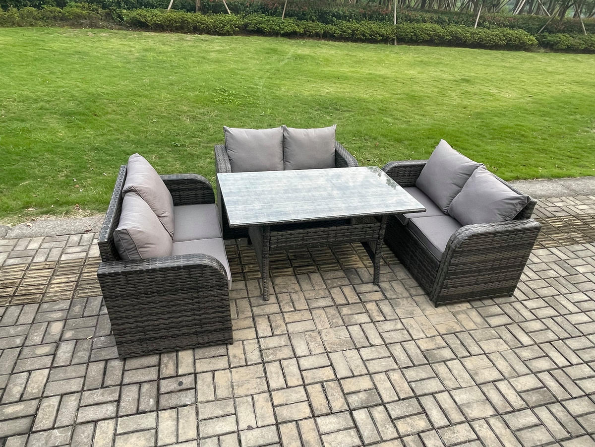 SITZGRUPPE mit Esstisch,Zweisitzer Polyrattan Dunkelgrau 6-Sitzer - Dunkelgrau/Grau, Glas/Kunststoff - Fimous