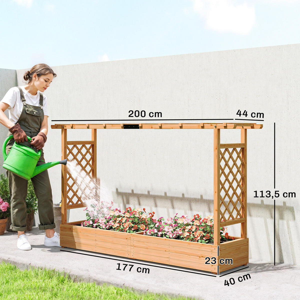 HOCHBEET DE-12231 mit Rankgitter 200/44/113,5 cm mit 8 Drainagelöchern Natur - Naturfarben, Holz (200/113.5/44cm) - ComfortXL