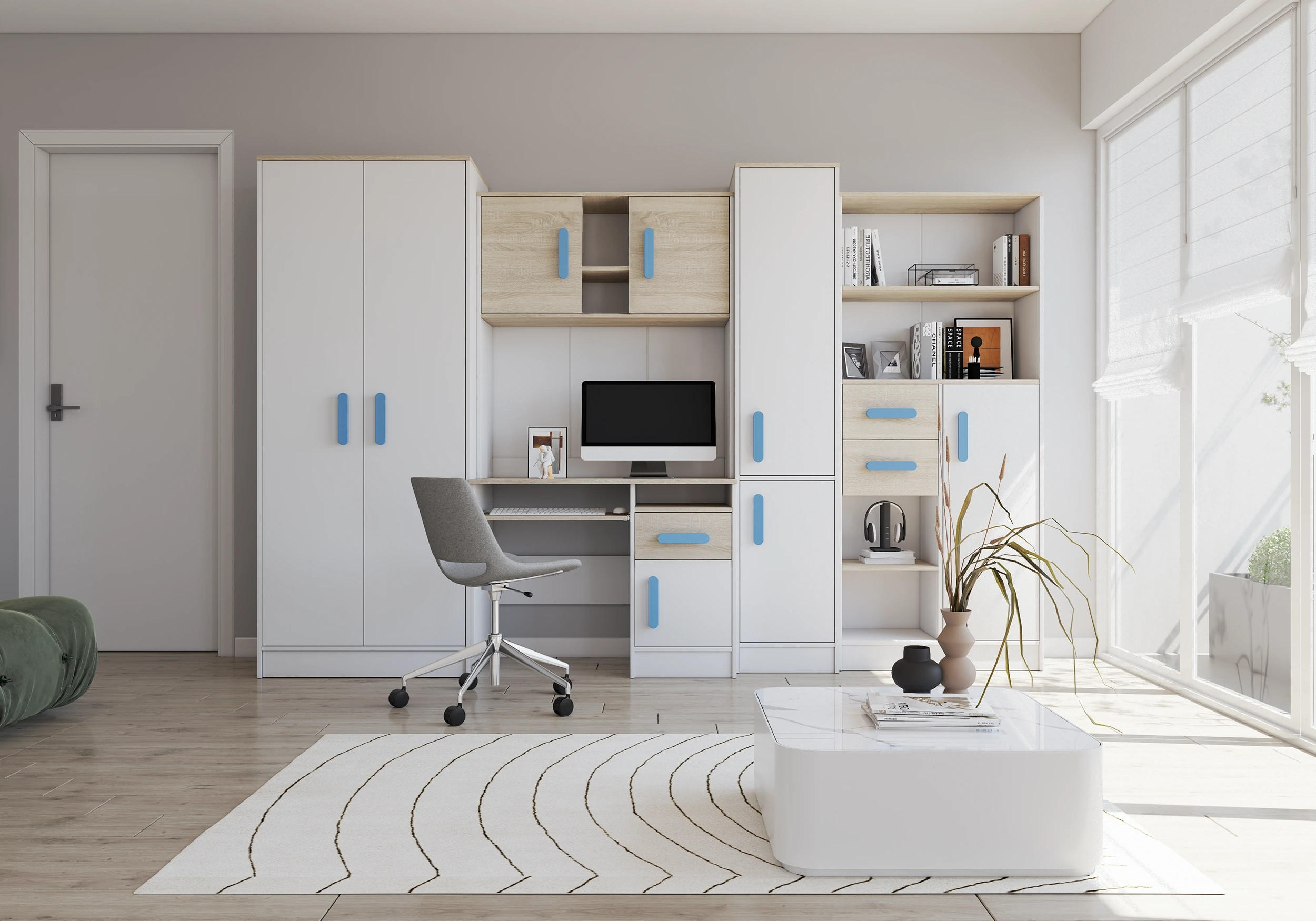 JUGENDZIMMER Wohnwand Colorino in Weiß und Eiche Sonoma – mit blauen Griffen 5 teilig - Kinderzimmer Komplett - Weiß, Holzwerkstoff (80/200/120cm)
