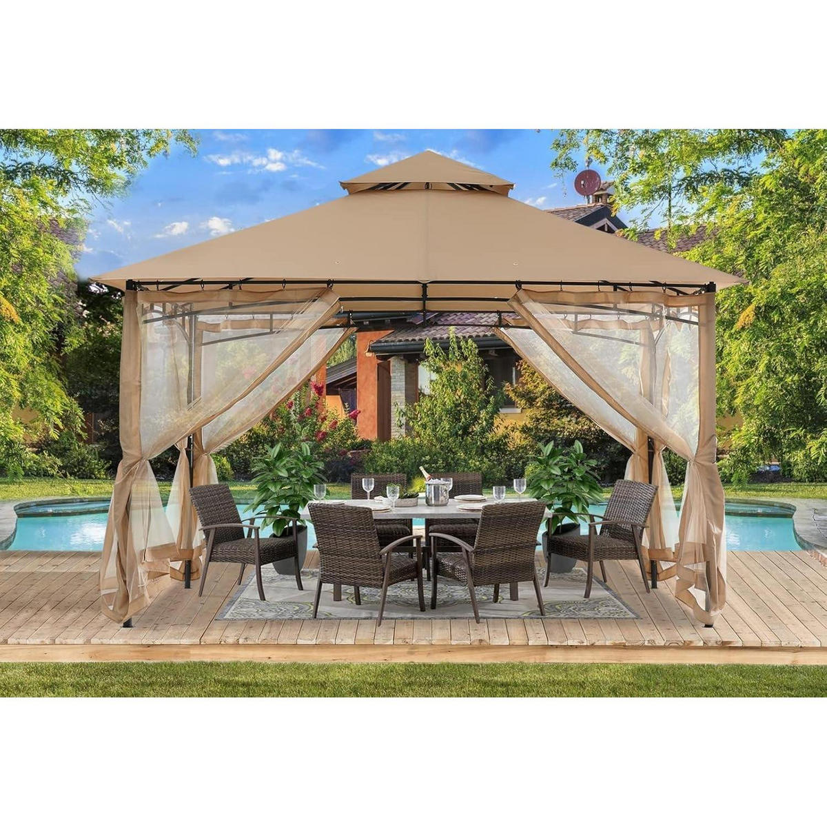 GARTENPAVILLON mit Netz und Doppeldach 3.35 x 3.35 m Beige - Beige, Textil (304.8/280.4/304.8cm)