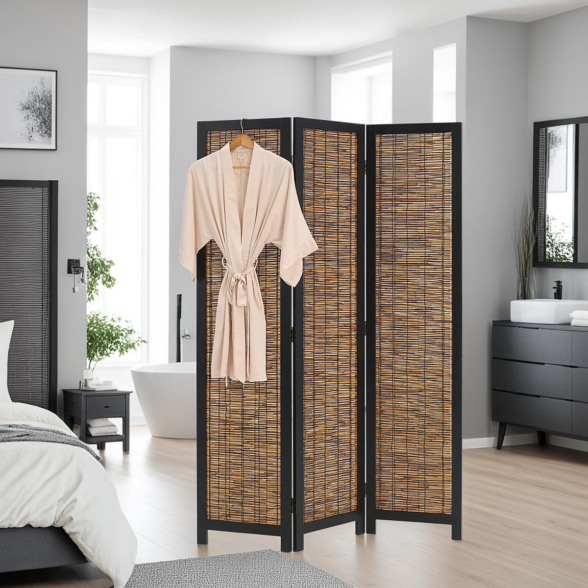 PARAVENT 120/170 cm Schwarz Holz Weide - Schwarz/Braun, Holz (120/170/2cm) - Homestyle4u