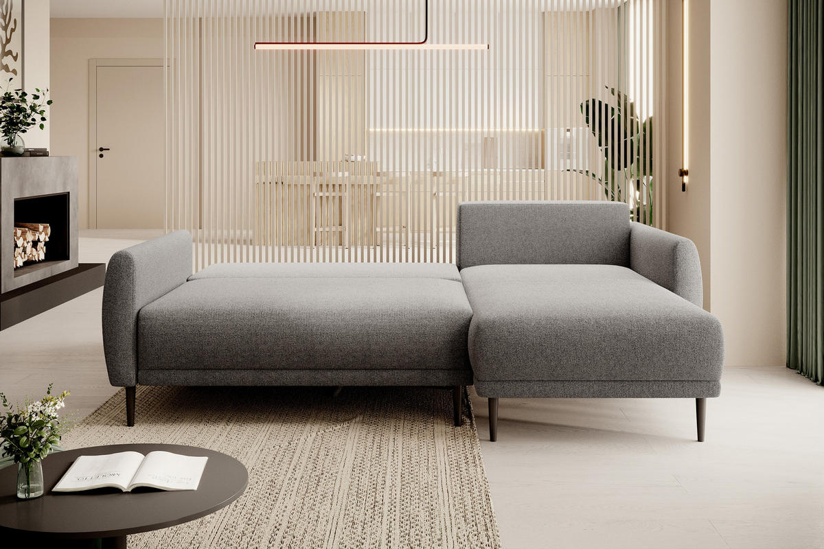 ECKSOFA Bono – Stilvolles Sofa mit Schlaffunktion, Robuste Holzfüße, Elegante Armlehnen, Tiefe Sitzfläche 226x164x88 cm – Rechte, Grau - Grau, Holz/Textil (226/164cm) - DomoHome