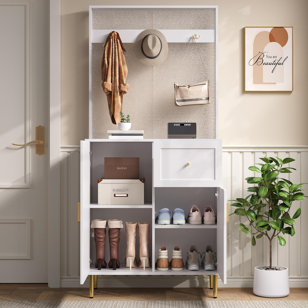 SCHUHSCHRANK aus MDF 80x35x175,5cm in Weiß mit Soft-Close & Haken - Weiß, Holzwerkstoff (80/175.5/35cm) - Modfu