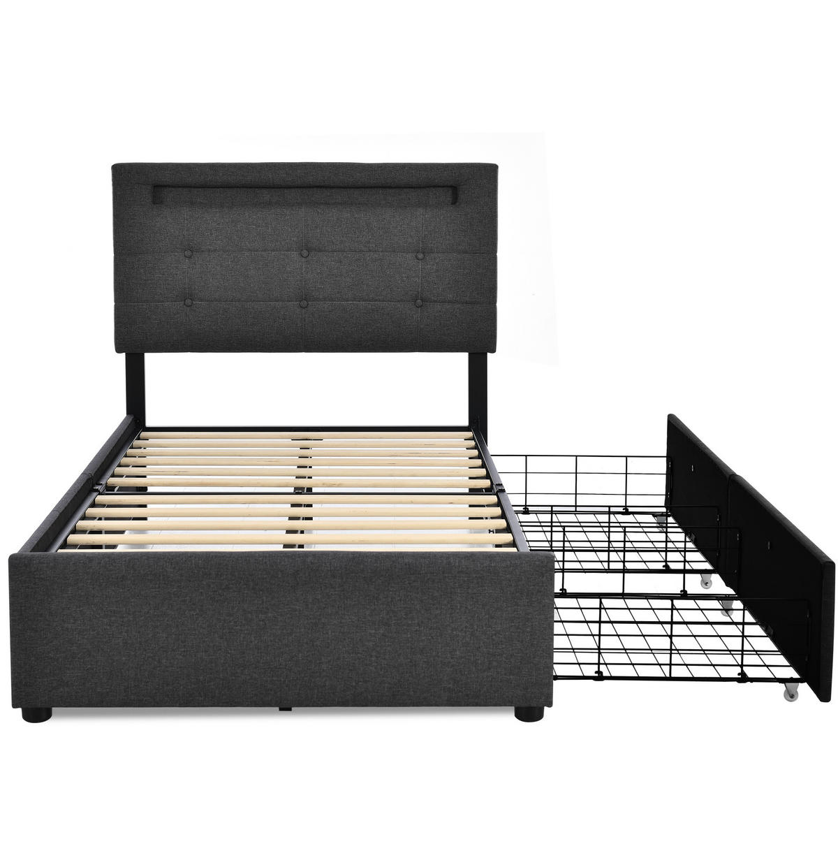 POLSTERBETT 90/200 cm Grau aus Leinen mit LED-Beleuchtung und 2 Schubladen - Grau, Textil (90/200cm) - OKMYHOME