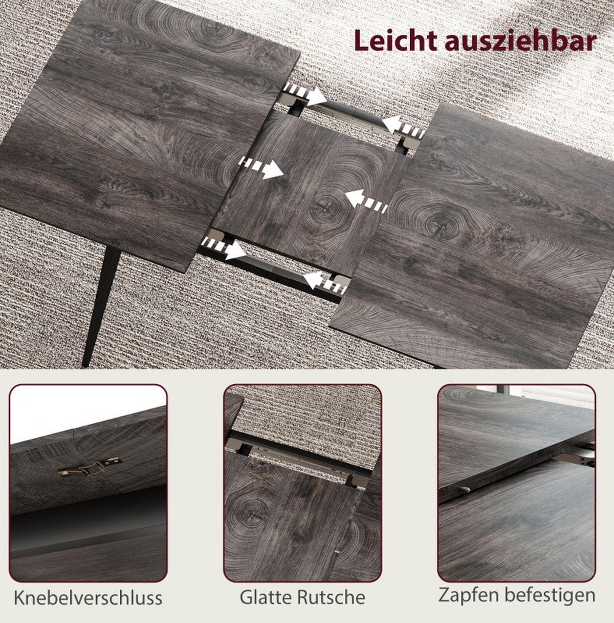 ESSTISCH 120-160/75/77 cm ausziehbar mit Erweiterungsplatte, Stahlgestell und Holzoptik, Grau - Grau, Holz (160/75/77cm) - Redom