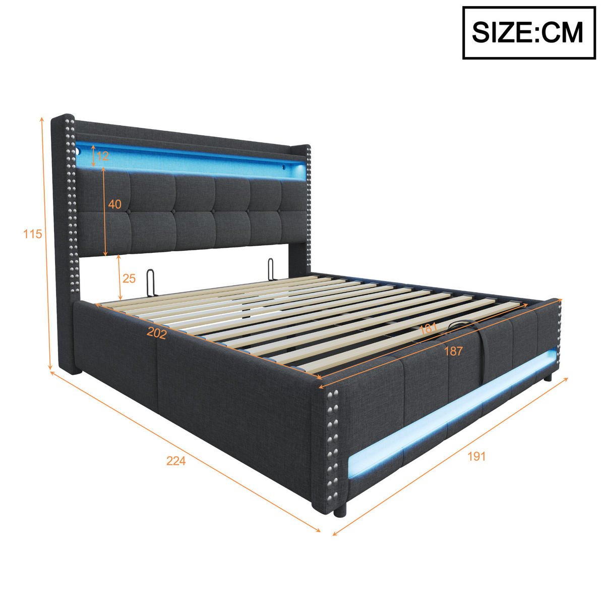 POLSTERBETT 180/200 cm mit LED-Beleuchtung, USB-Anschluss, hydraulischem Bettkasten und Leinenbezug, Grau - Grau, Textil (180/200cm) - Redom