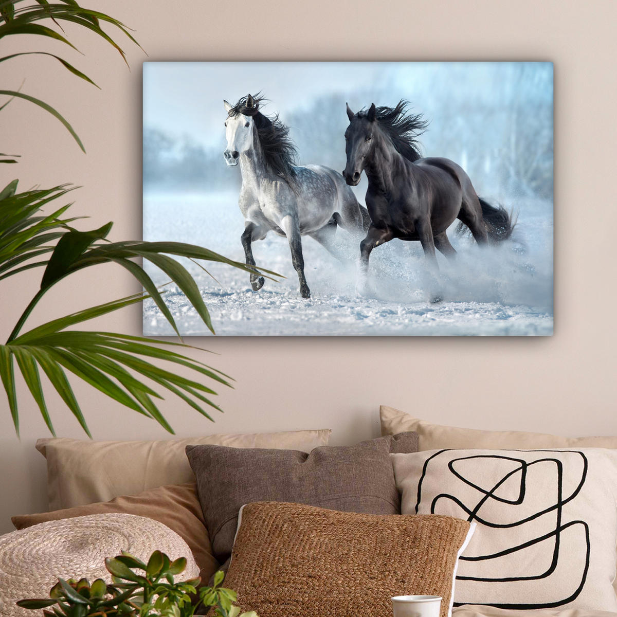 LEINWANDBILD Pferde - Winter - Tiere - Natur - Schnee Wanddeko 90x60 cm - Anthrazit, Textil (90/60cm) - MuchoWow