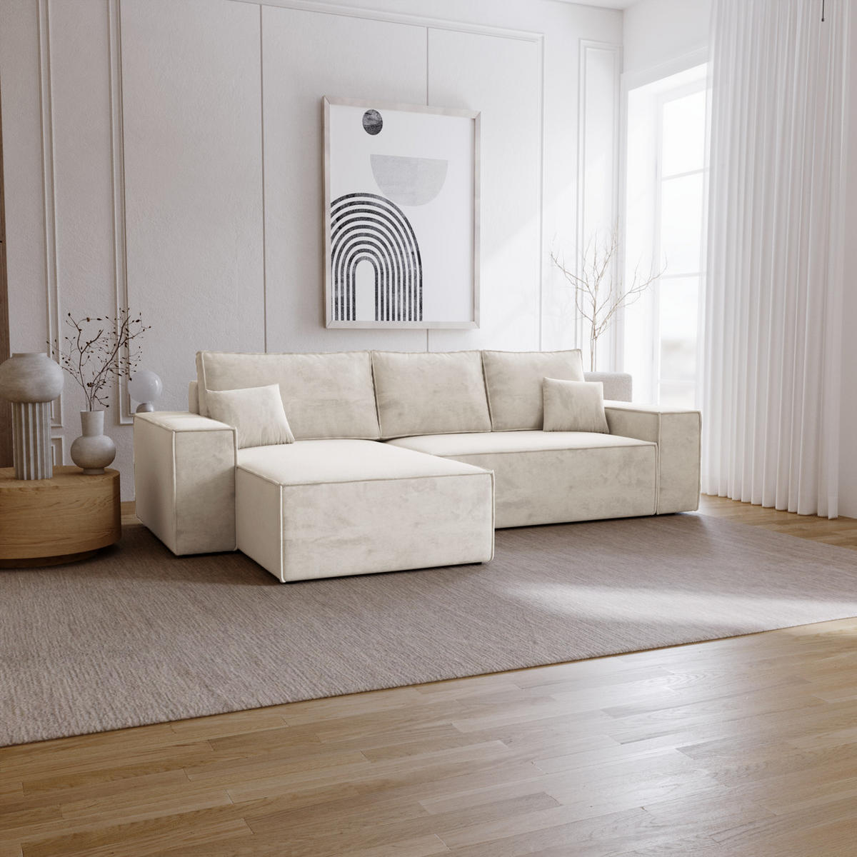ECKSOFA mit Schlaffunktion Bergamo L 280 cm, Samt, Links - Vanille - Ecru, Holz (277/189cm) - Emporius