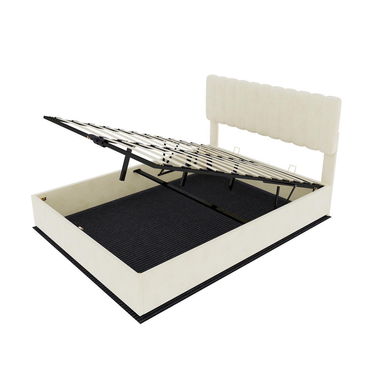 POLSTERBETT 140/200 mit hydraulischem Bettkasten und gepolstertem Kopfteil aus Holland-Samt in Beige - Beige, Holzwerkstoff/Textil (140/200cm) - EVRYAE