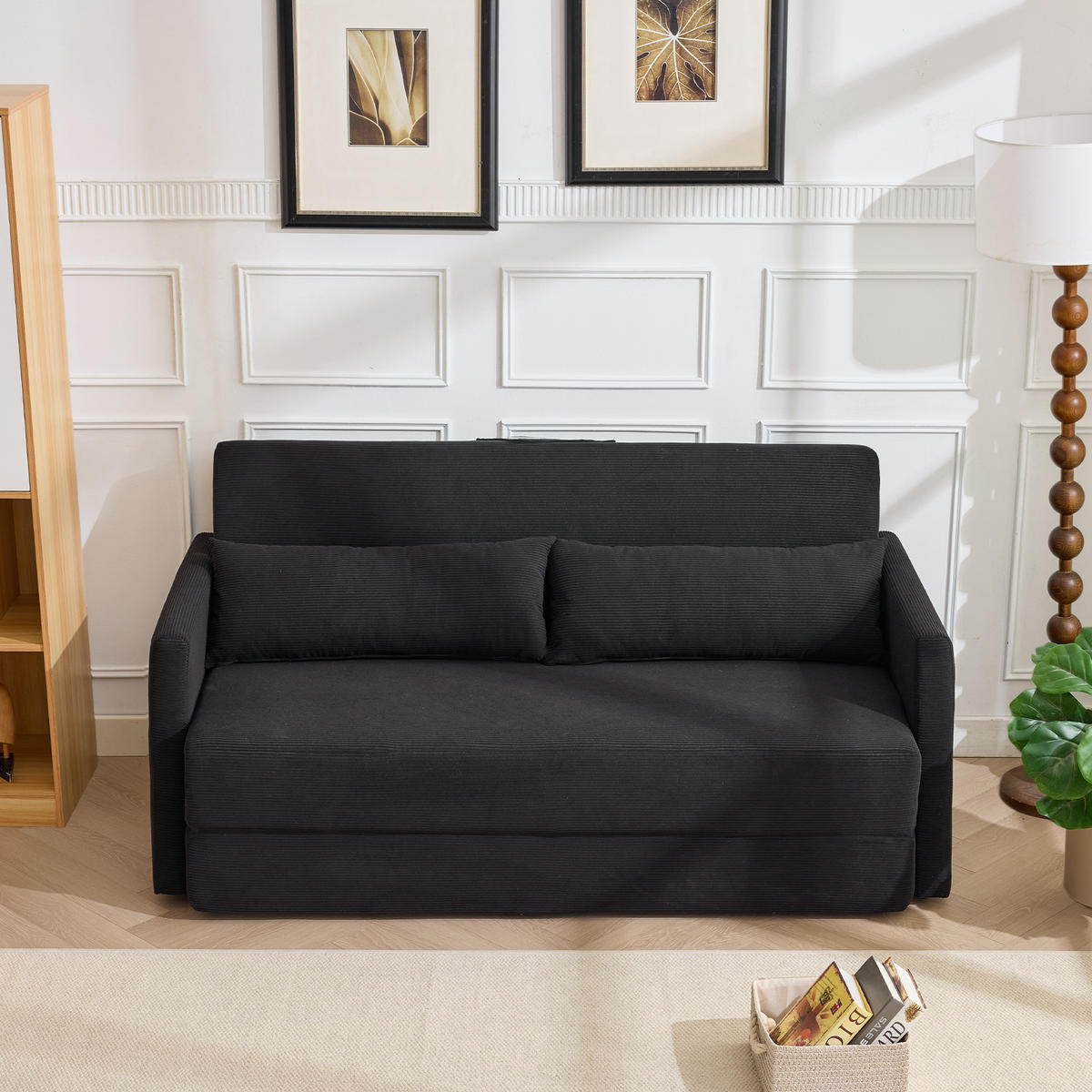 2-SITZER SCHLAFSOFA Cord Schwarz mit 2 Lendenkissen und Magazintaschen - Schwarz, Holzwerkstoff/Textil (165/67/212cm) - WISHDOR
