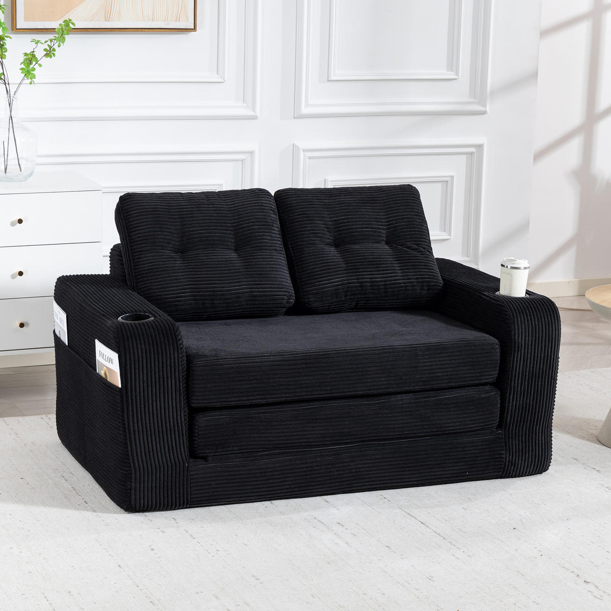 2-SITZER SOFA Cord Schwarz mit Getränkehaltern und Seitentaschen - Schwarz, Textil (136/82.5/80cm) - WISHDOR