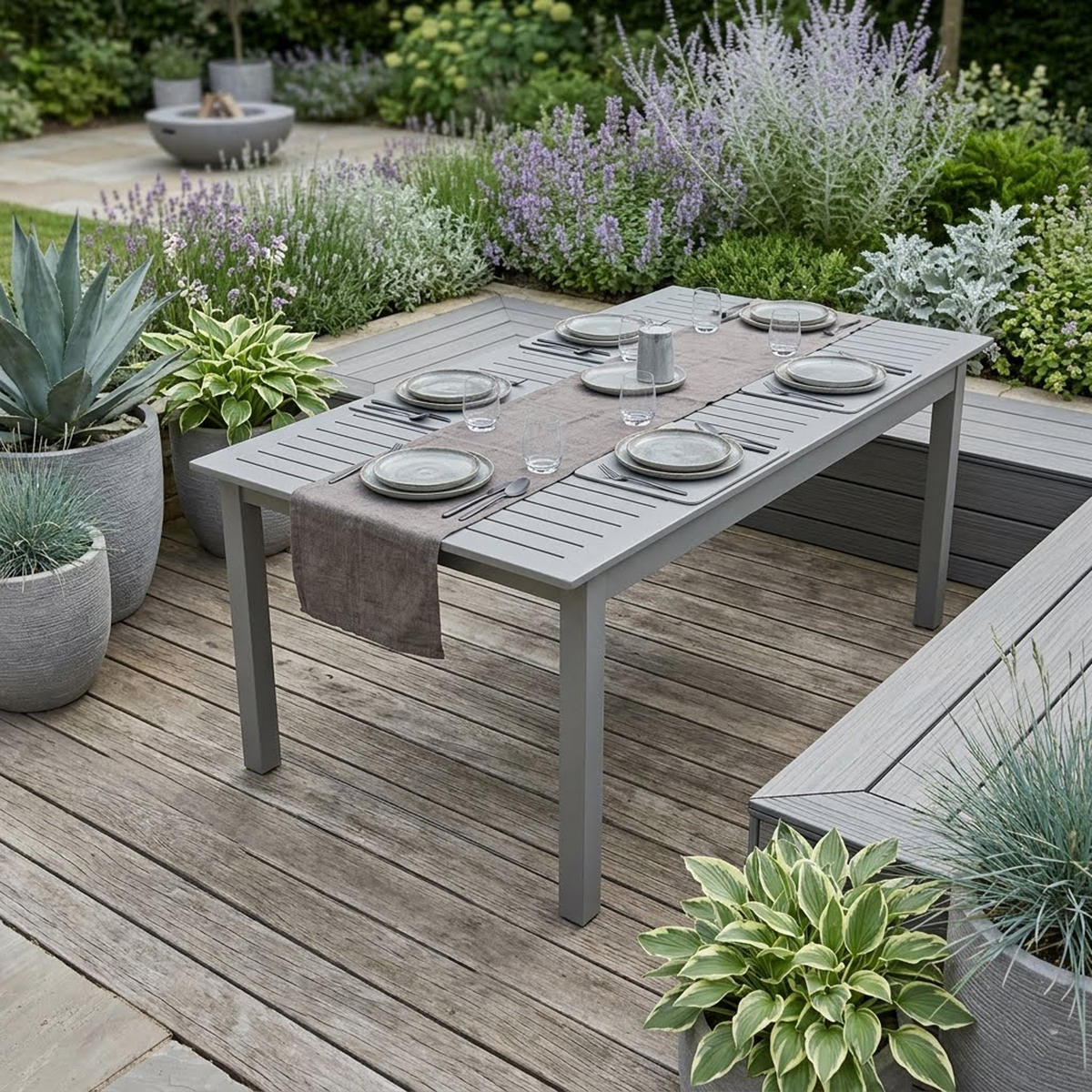 GARTEN-GARNITUR Ashford - 7-teilige Garten-Essgruppe (6x Stapelsessel mit Aluminiumgestell, Bespannung Textillehne schwarz, Ausziehtisch - Schwarz, Metall - TPFGarden