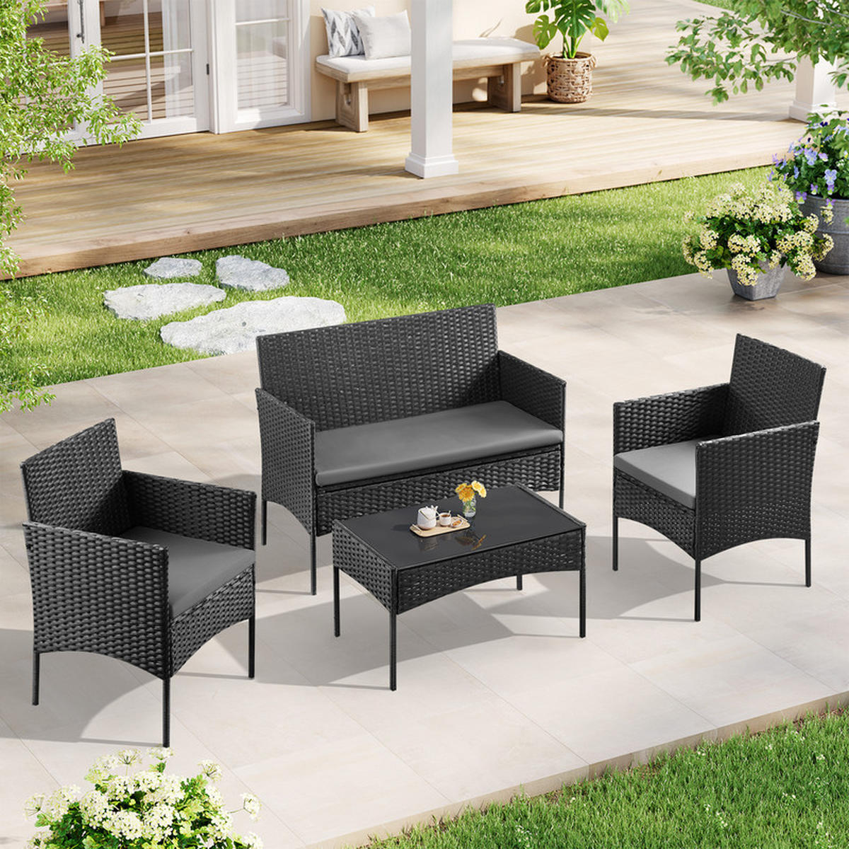 RATTAN-GARTENMÖBEL-SET – 2-Sitzer, 2 Sessel, Couchtisch - Schwarz, Metall - Auledio