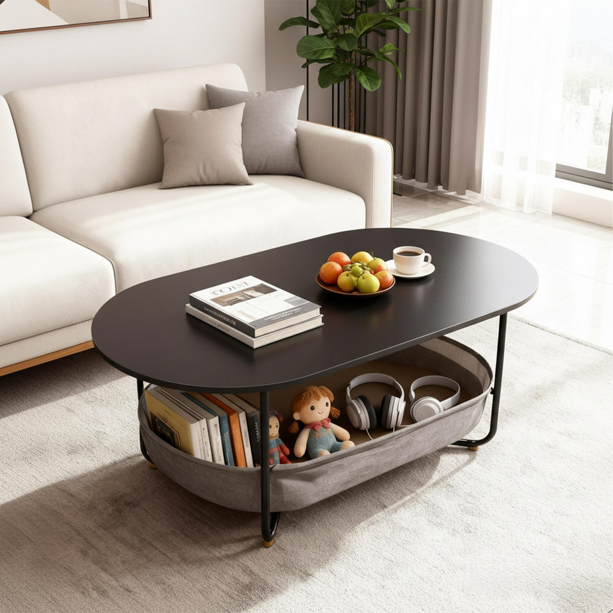 COUCHTISCH - Schwarz, Holzwerkstoff/Textil (45/100/55cm) - Relaxdays