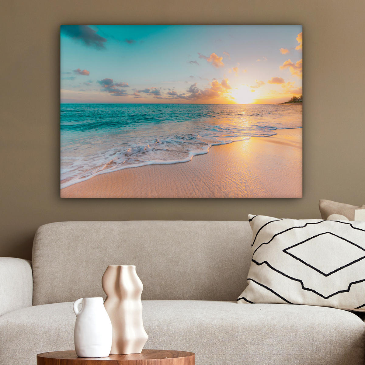 LEINWANDBILD - Sonnenuntergang - Strand - Meer - Sommer - Blau - 80x60 - Malerei - Multicolor, Textil (80/60cm) - MuchoWow