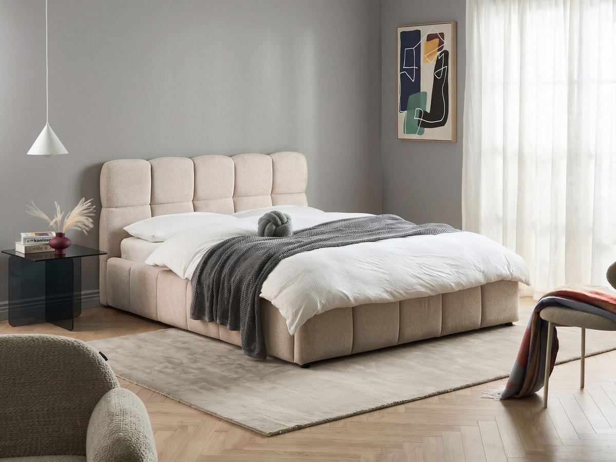 POSTELJA s prostorom za shranjevanje 160/200 blago svetlo bež Noyon - bež, tekstil (160/200cm) - Beliani