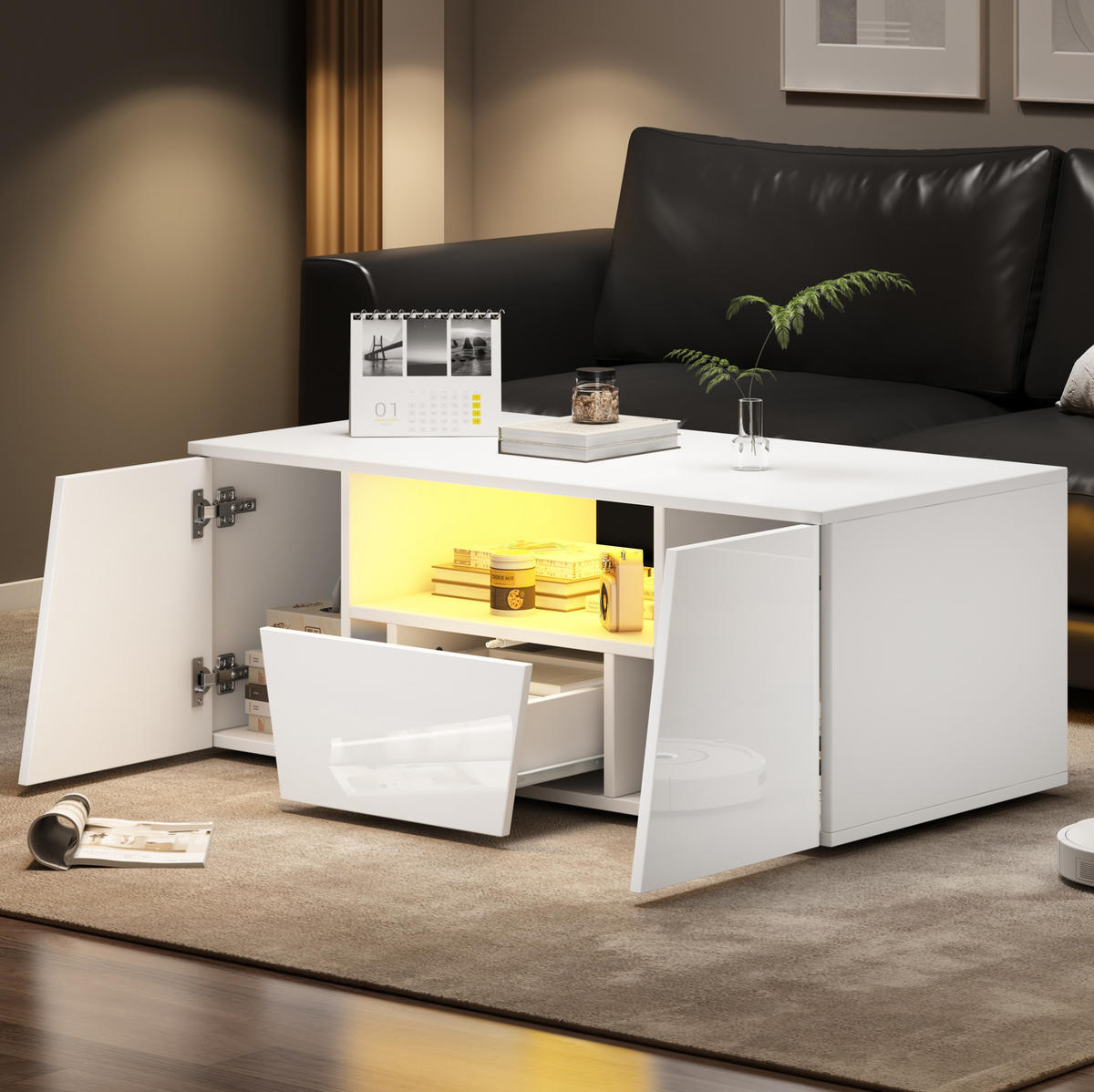 COUCHTISCH, Hochglanz Weiß, mit App-LED (USB) & Stauraum, 100/50/40 cm,Weiß - Weiß, Holzwerkstoff (100/50/40cm) - Redom
