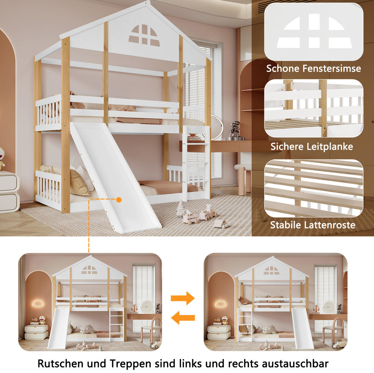 HAUSBETT 90/200 cm Weiß/Natur mit Rutsche und Treppe - Weiß, Holz (90/200cm) - Flora Grace