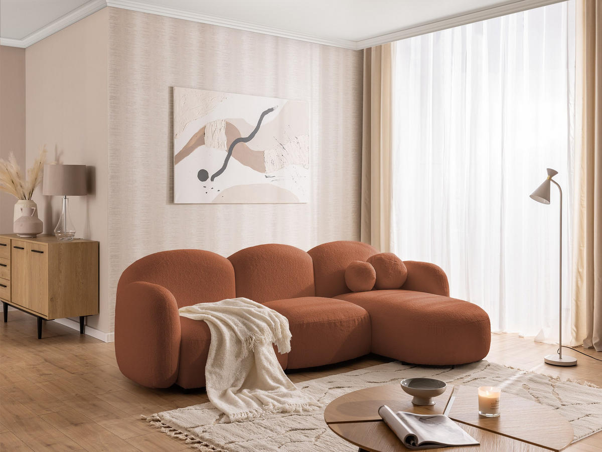 ECKSOFA Nuvola mit abgerundetem Design Terrakotta Bouclé-Stoff - Ottomane Rechts - Terra cotta/Schwarz, Holz/Kunststoff (268/146cm) - S-Style Möbel