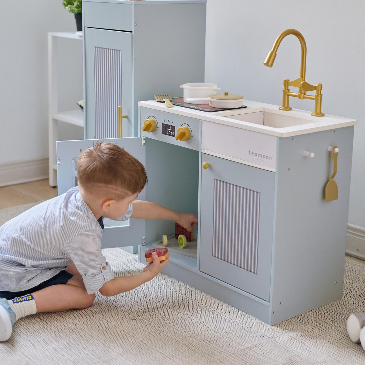 KINDERKUCHE Holz mit separatem Kühlschrank, 80cm, Blau - Blau, Holzwerkstoff (85/30/80cm) - Teamson Kids