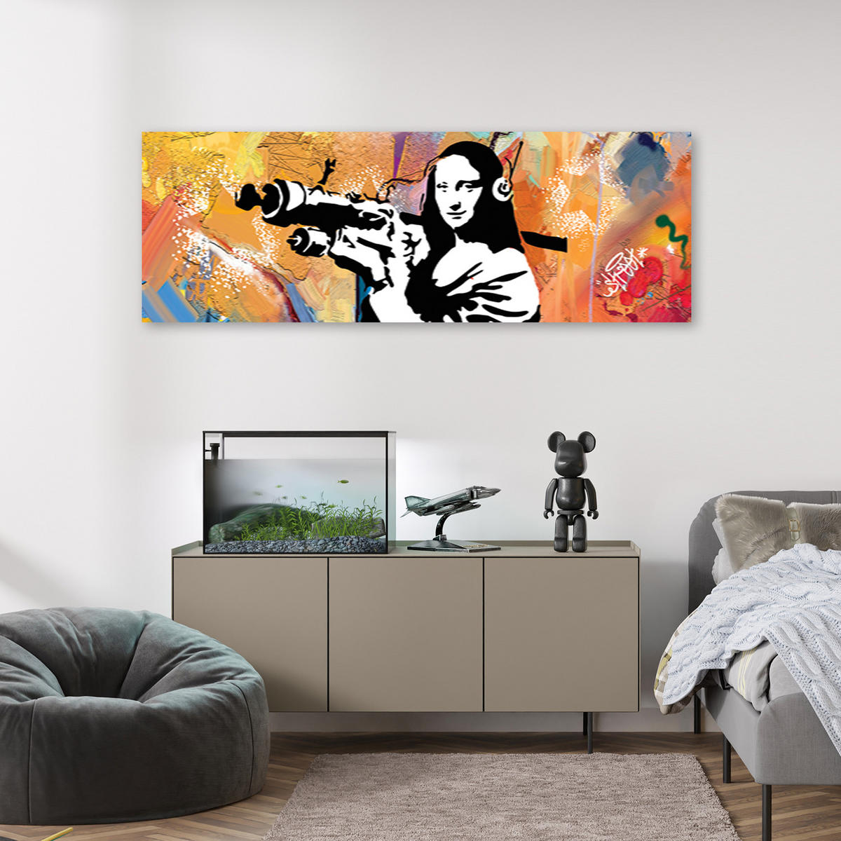 WANDBILD banksy mona lisa und die panzerfaust - Multicolor, Textil (90/30cm) - Feeby