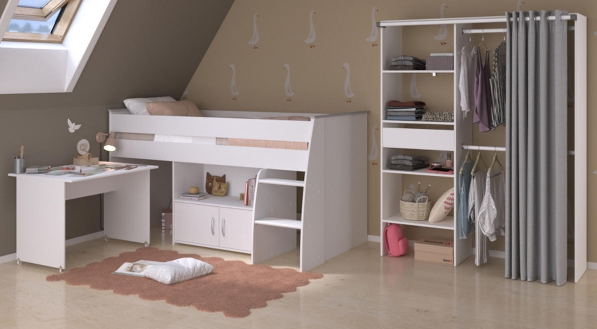 KINDERZIMMER weiß 2-teilig, Jugendzimmer-Set mit Stauraumbett und Kleiderschrank - Schwarz/Weiß, Holzwerkstoff/Kunststoff (143/182/115cm) - Parisot Meuble