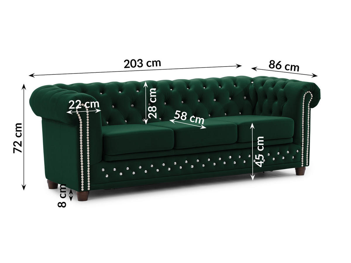 CHESTERFIELD-SOFA 3-Sitzer mit Schlaffunktion Cleo Blink Flasche Grün Samt mit Kristallsteppung und braunen Massivholzfüßen - Braun/Grün, Holz/Textil (203/72/86cm) - S-Style Möbel