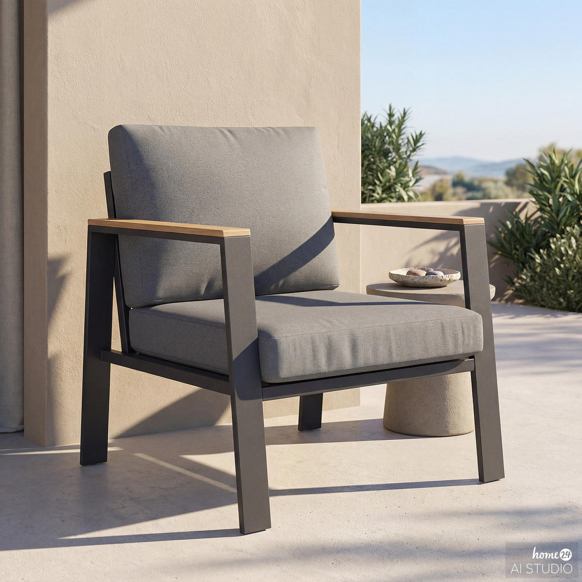 LOUNGESESSEL - Aluminium / Polyester - Anthrazit - Anthrazit/Braun, Holz/Metall (73/74/75cm) - home24