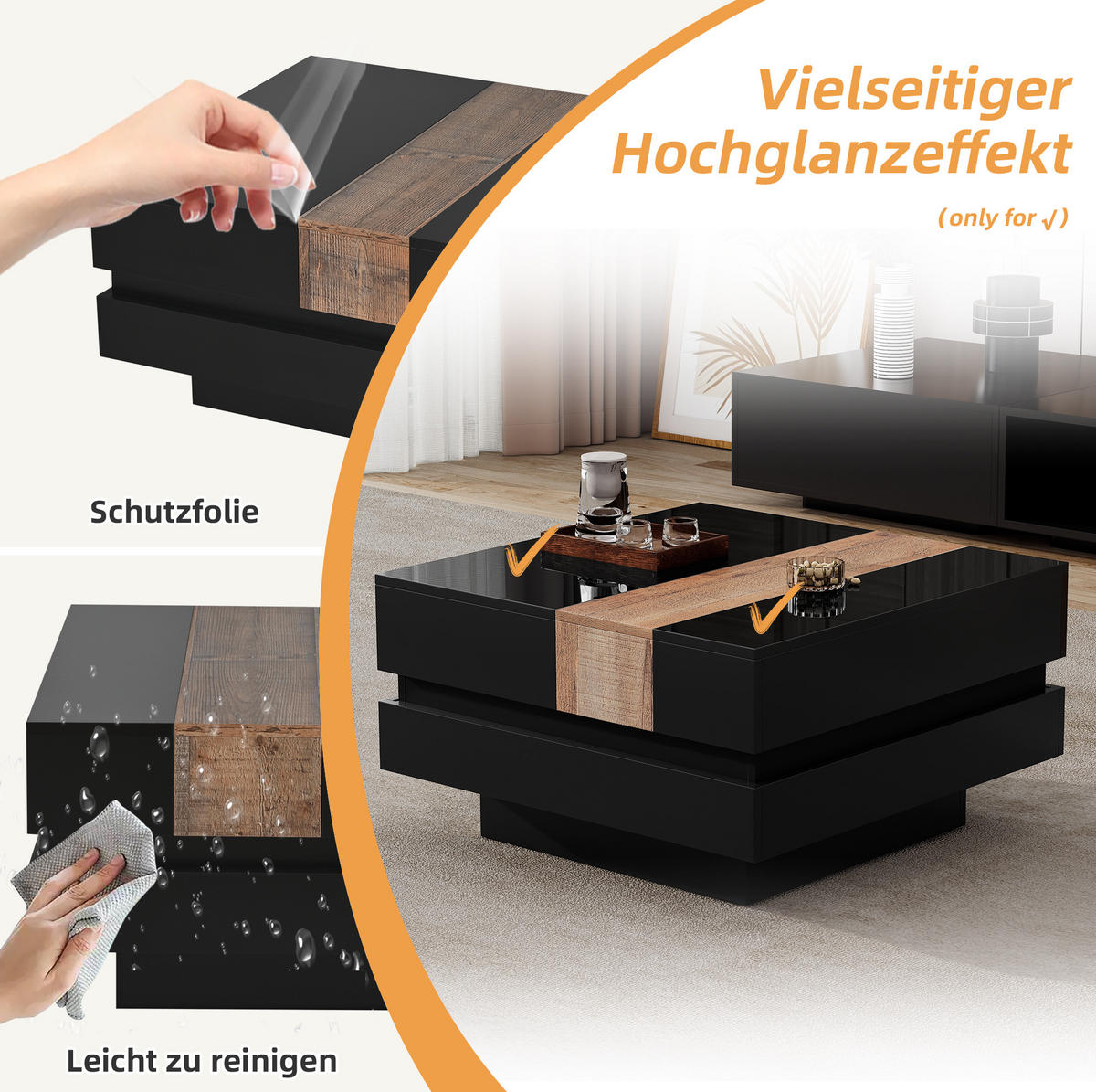 COUCHTISCH 70/70/39 cm mit ausziehbarer Tischplatte, verstecktem Stauraum und Hochglanzoberfläche aus MDF, Schwarz - Schwarz, Holzwerkstoff (70/70/39cm) - Modfu