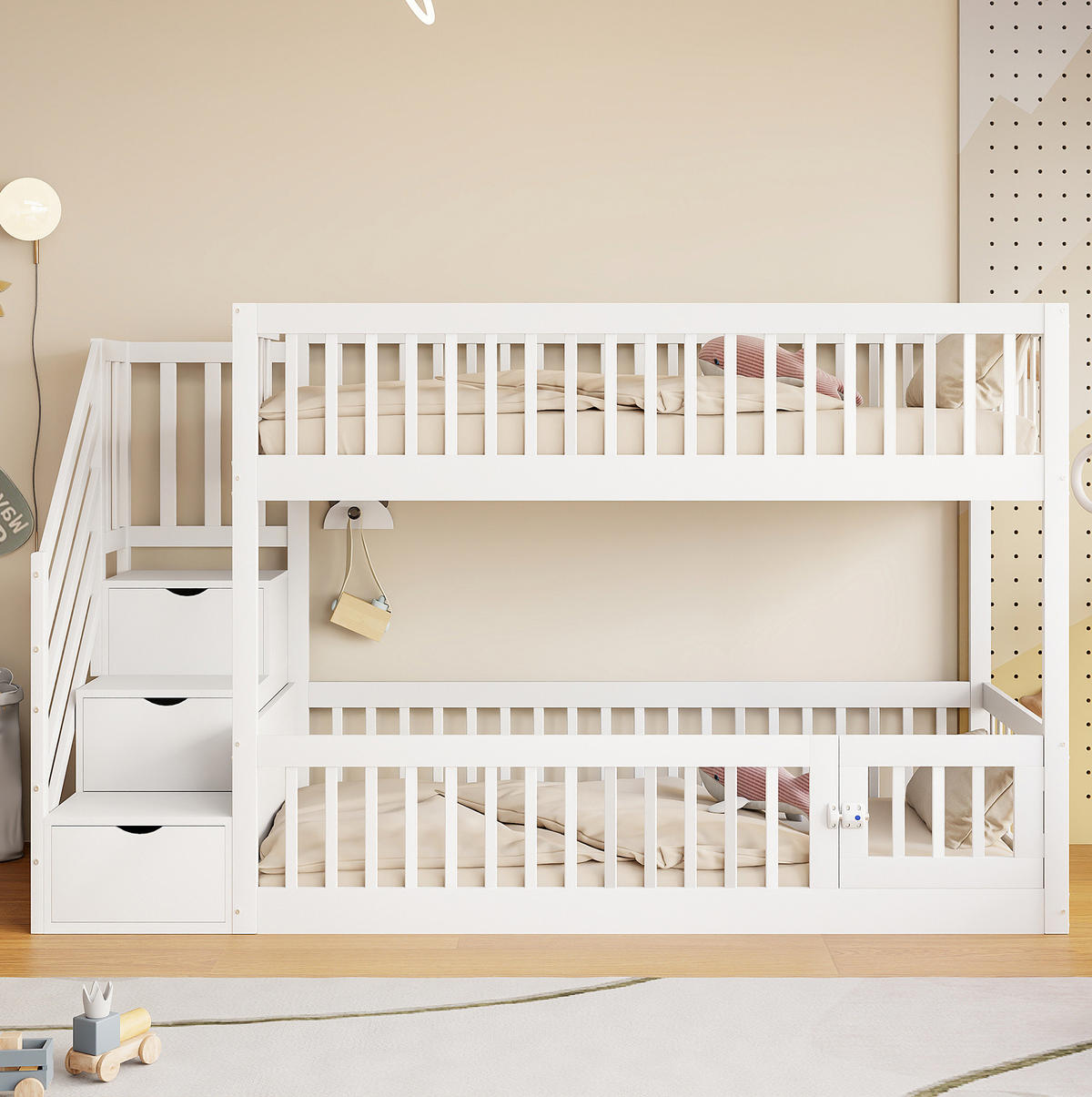 ETAGENBETT 90/200 cm mit Stauraumtreppe, Schubladen und Spielbereich, Weiß - Weiß, Holzwerkstoff (90/200cm) - Redom