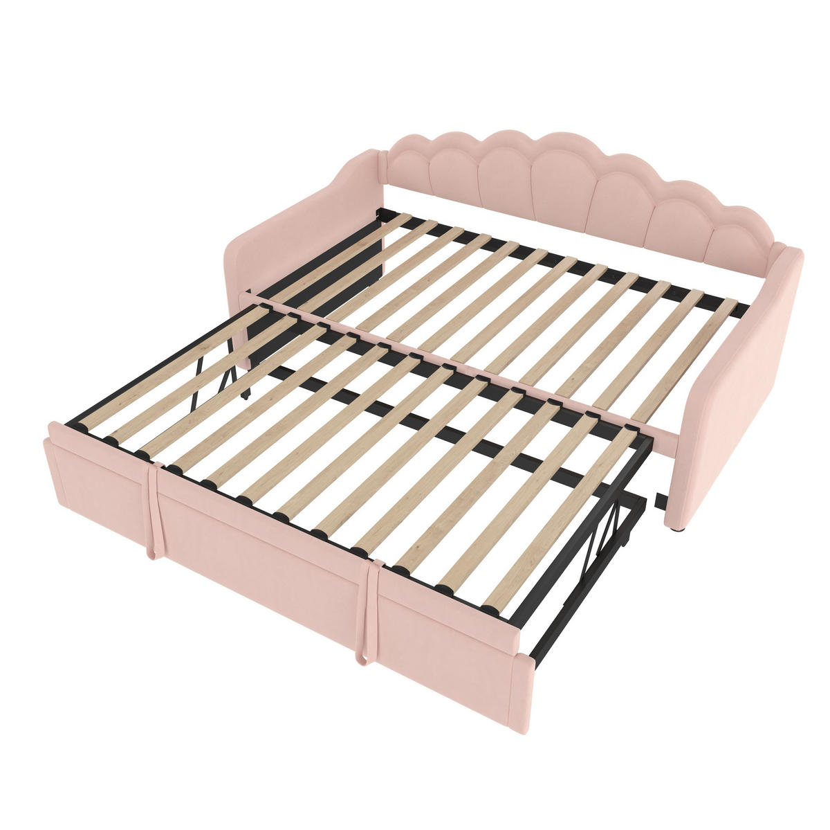 TAGESBETT aus Samt 90x200/180x200 cm Rosa mit Ausziehbett und LED-Beleuchtung, gewelltem Kopfteil - Rosa, Textil (90/200cm) - Modfu