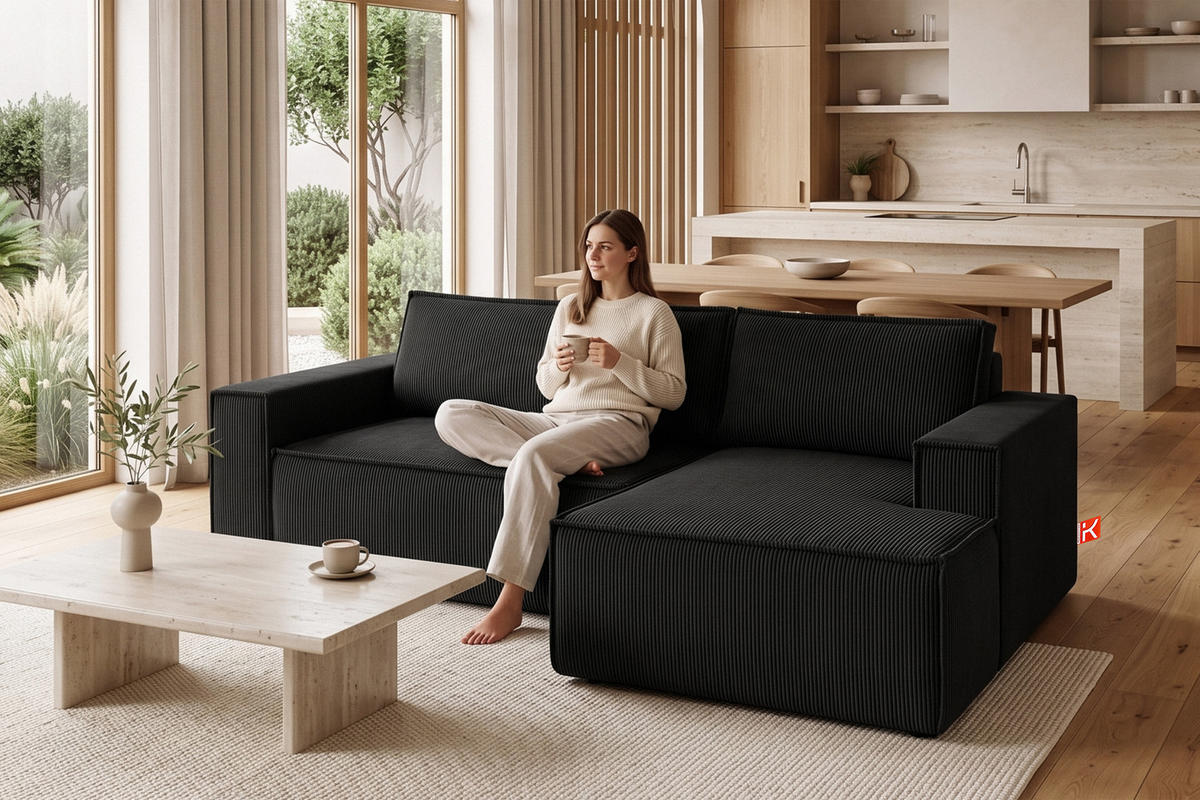 ECKSCHLAFSOFA-RECHTS NAPI in Pet Friendly Cord-Stoff, schwarz - Schwarz, Textil (262/148cm) - KONSIMO®