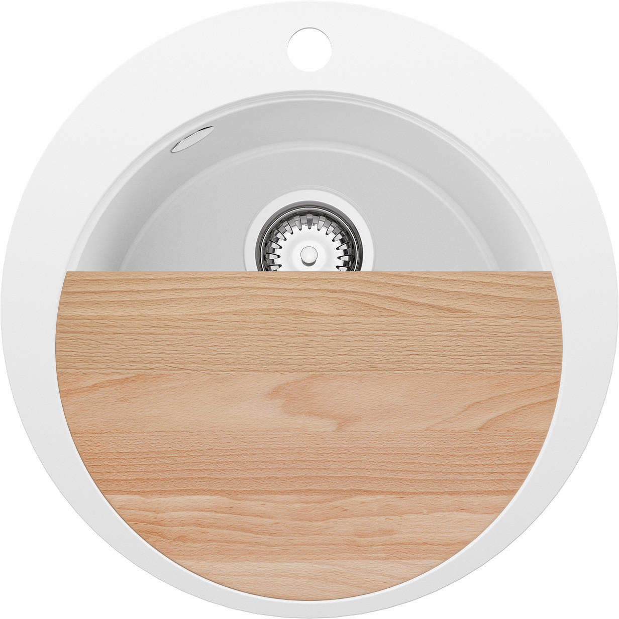 SPÜLBECKEN RUND Pisa, 2-er set Weiß 50/50 cm 1 Becken + Ablauf-Set + Schneidebrett ab 45er Unterschrank - Chromfarben/Beige, Kunststoff (50/20/50cm) - Primagran