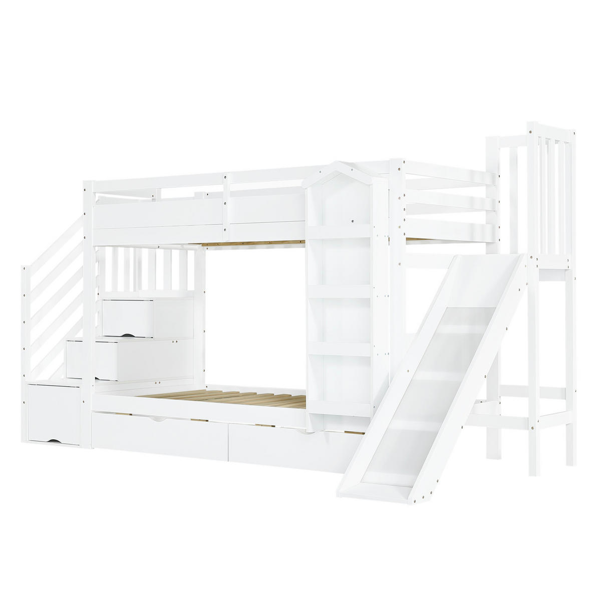 ETAGENBETT 90/200 cm aus Kiefer und MDF mit Rutsche, Treppenregal und 2 Schubladen Weiß - Weiß, Holz (90/200cm) - Modenvie