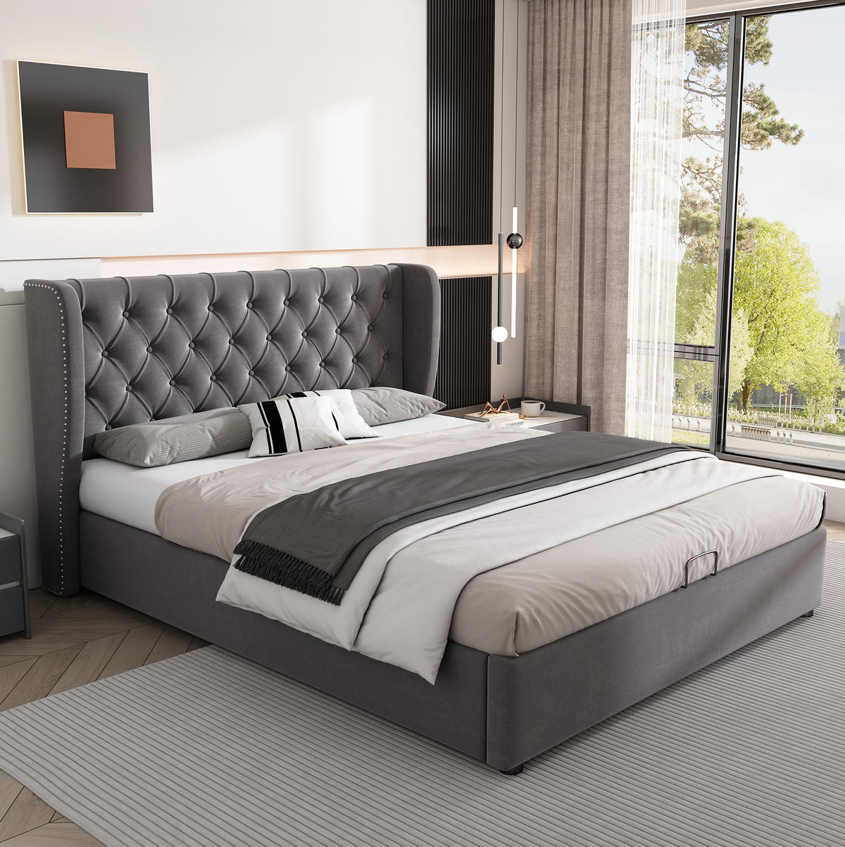POLSTERBETT 140/190 cm Grau mit hydraulischem Bettkasten und Lattenrost aus Samt mit ohrenförmigem Kopfteil - Grau, Textil (140/190cm) - OKWISH