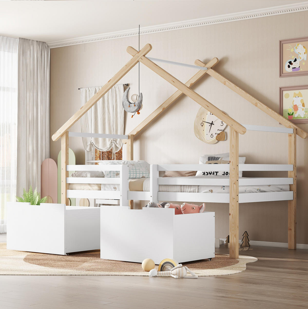 HAUSBETT 90/200 cm Weiß/Natur aus Kiefer und MDF mit Dach, Treppe und 2 Schließfächern - Weiß, Holzwerkstoff (90/200cm) - OKMYHOME