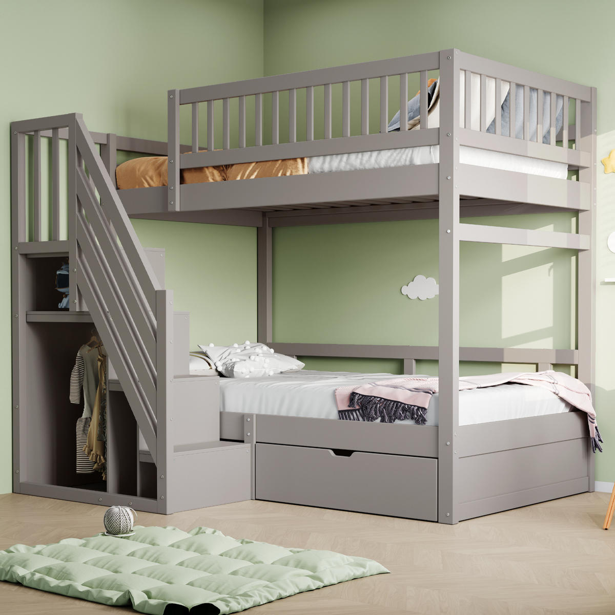ETAGENBETT 90/200 cm aus Kiefernholz mit Treppe und Stauraum Grau - Grau, Holz (90/200cm) - Modenvie