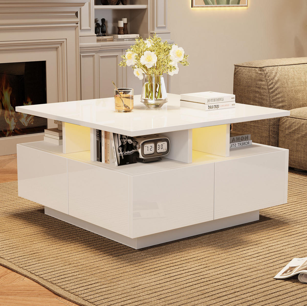 COUCHTISCH aus Spanplatte 70x70x40 cm Weiß mit LED-Beleuchtung, 4 Schubladen und Stauraum - Weiß, Holzwerkstoff (70/70/40cm) - IVMEU
