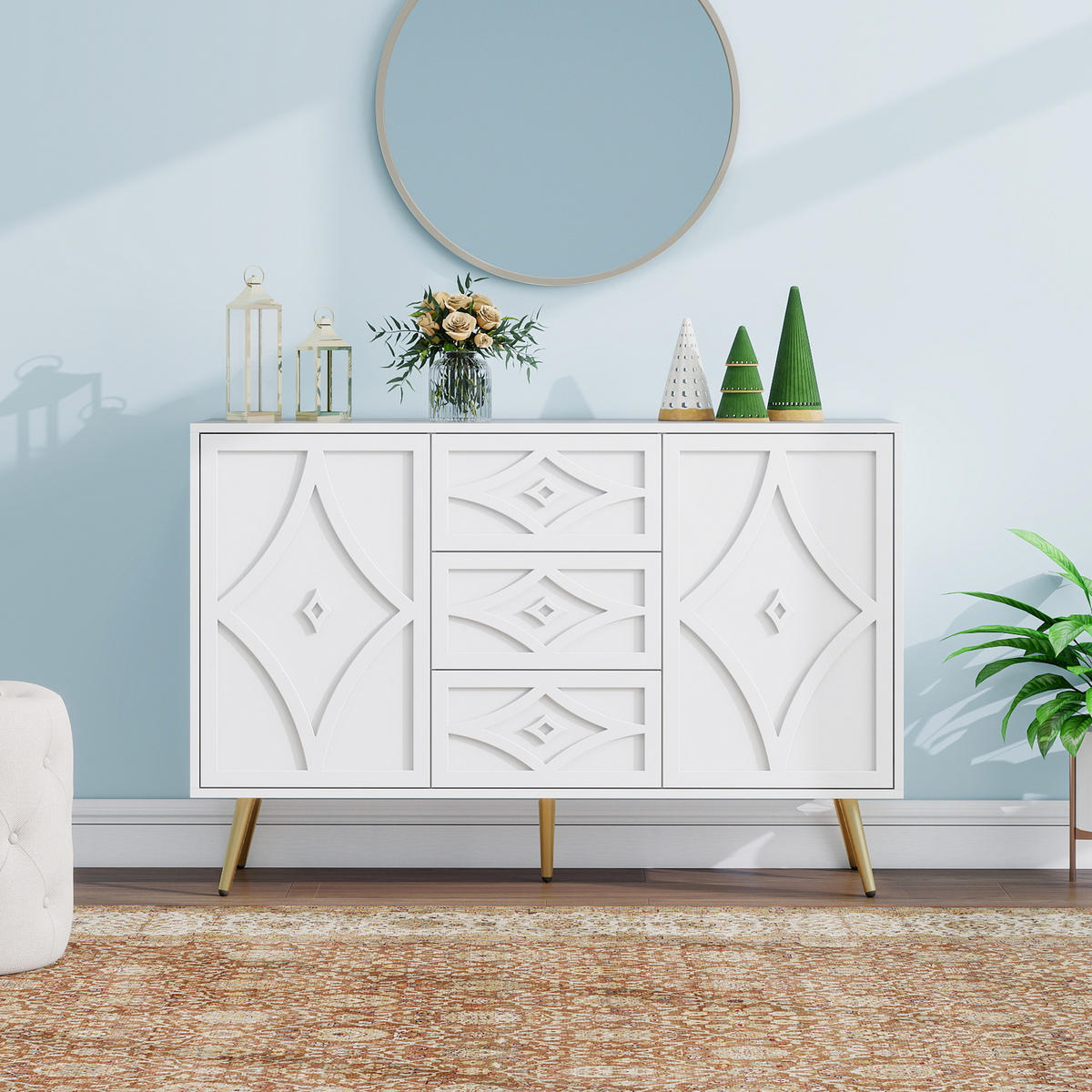 KOMMODE mit 2 Türen, 3 Schubladen und verstellbaren Einlegeböden, 120 x 40 x 80 cm, Weiß, Spanplatte - Weiß, Holzwerkstoff (120/80/40cm) - SONNENH