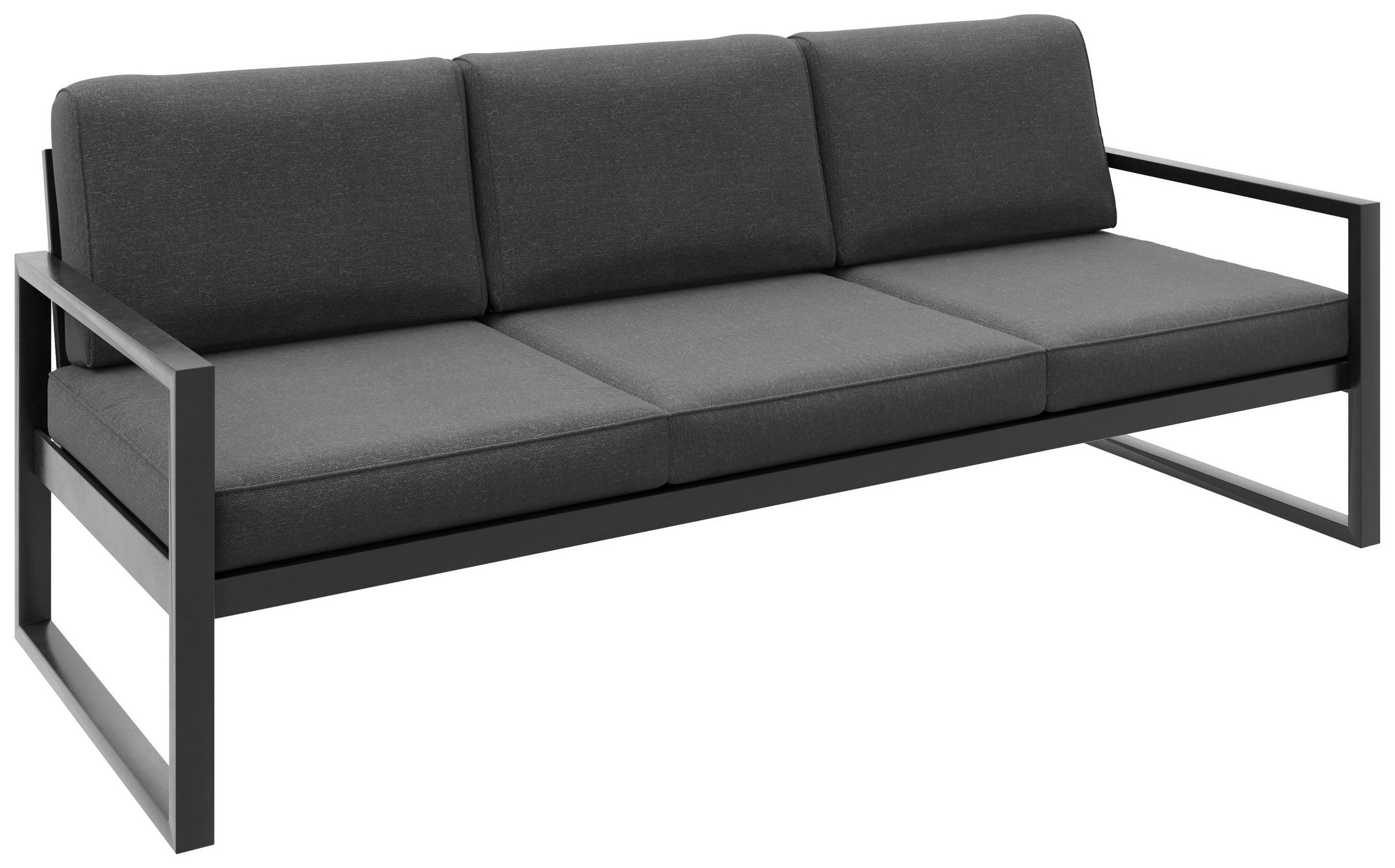 GARTENBANK Bellano Outdoor 3-Sitzer Polster-Loungebank, Stahlgestell Schwarz, Grau 76/216/80 cm - Grau, Textil (216/86/80cm) - WFL GROUP