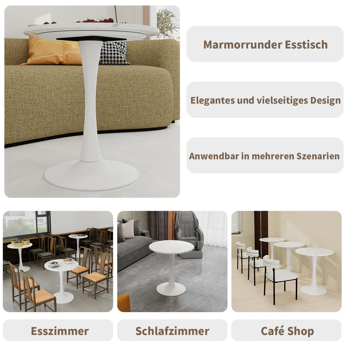 COUCHTISCH 70 cm weiß aus Kunstmarmor mit runder Tischplatte - Weiß, Stein (70/70/72cm) - OKMYHOME