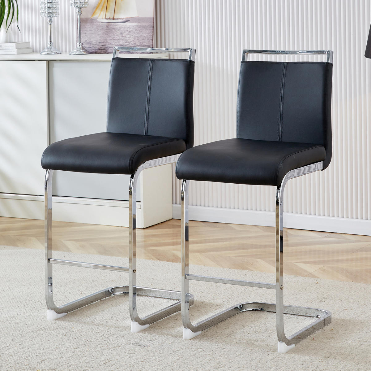 BARHOCKER 2er-Set mit Fußstütze 96,5 cm PU-Leder Schwarz/Silber - Schwarz, Metall (46.5/96.5/38.9cm) - Meubliv