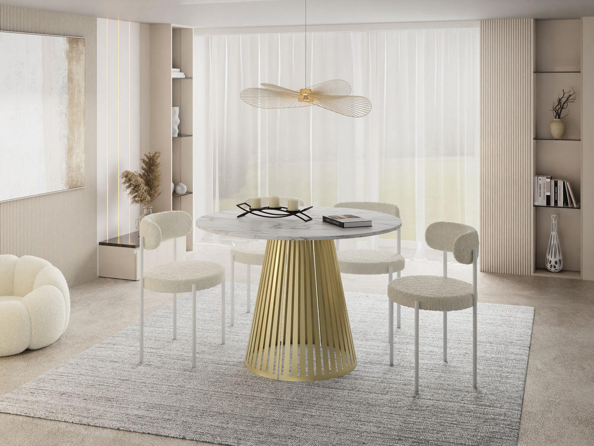 ESSTISCH Naro rund ausziehbar mit Goldenem Lamellen-Metallgestell, Marmor Weiß 120-200/120/76 cm - Ecru/Goldfarben, Holzwerkstoff/Metall (120/120/76cm) - WFL GROUP