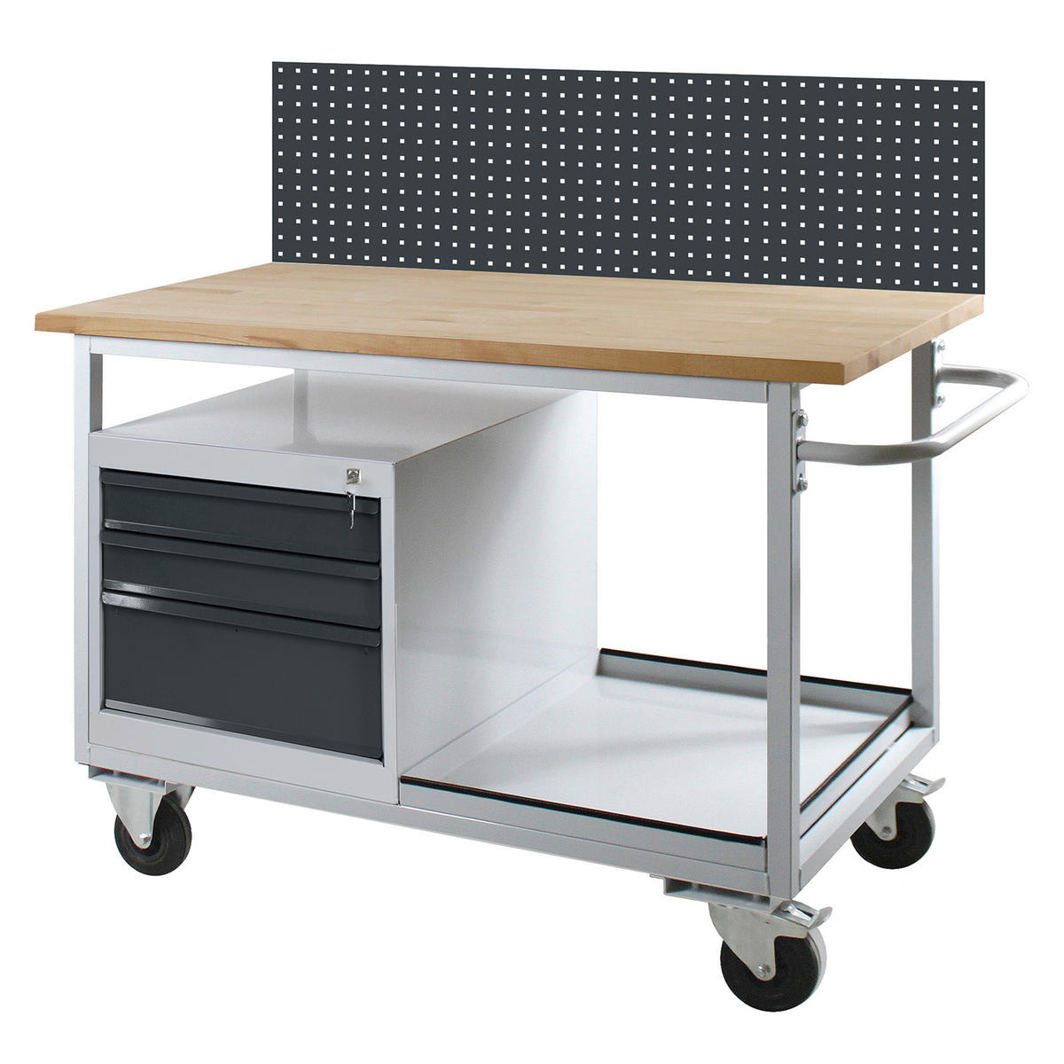 WERKBANK mobil Light Rhino mit Ablagefach, 3 Schubladen & Lochplatte 131x130x60cm 2 Lenkrollen Traglast 300kg Lichtgrau/Anthrazitgrau - Anthrazit, Holz (130/131/60cm) - PROREGAL