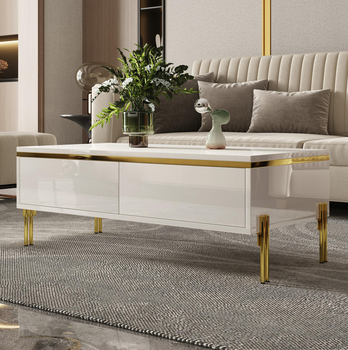 COUCHTISCH mit 2 Schubladen 100 x 50 cm Weiß Hochglanz - Weiß, Holzwerkstoff (100/50/36cm) - Meubliv